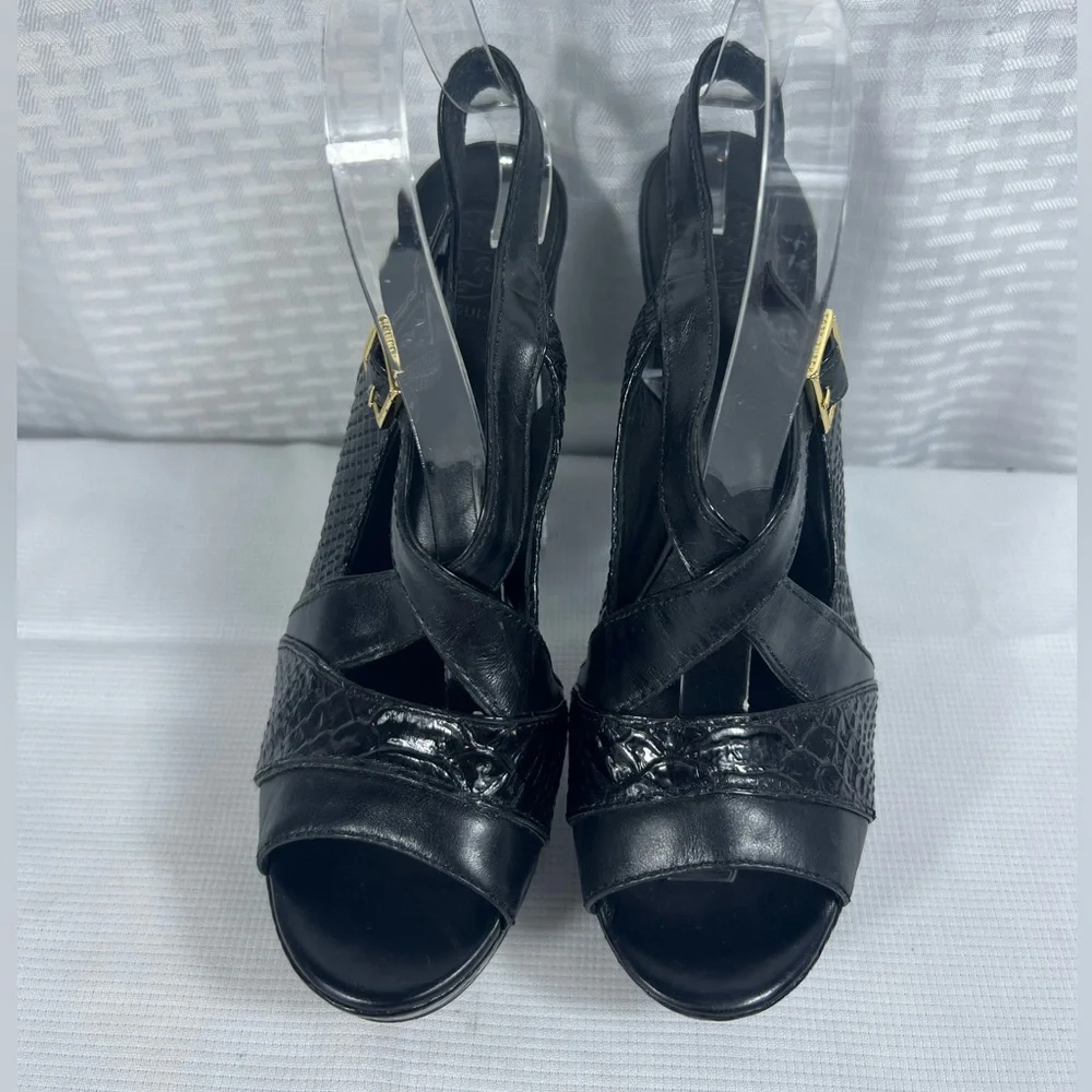 7224: Tory Burch Black Embossed Leather Slingback Platform Sandals Size 9M